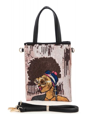 Glasses Girl Sequins Top Handle Convertible Swing Bag S039-SM ROSE GOLD